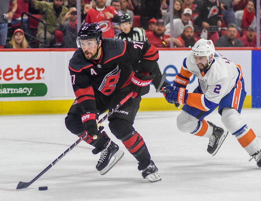 Carolina Hurricanes defenseman Justin Faulk skates down the ice right before scoring a goal against the New York Islanders during the second round of the Stanley Cup Playoffs on Wednesday, May 1, 2019 in PNC Arena. The Hurricanes beat the Islanders 5-2 and lead the series 3-0.