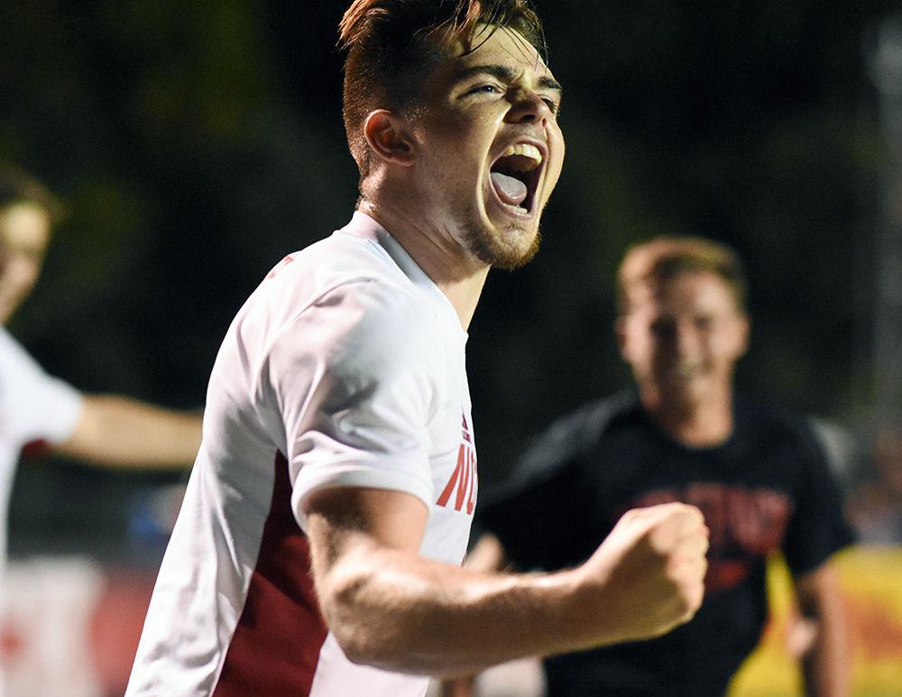 Junior defender Jamie Smith celebrates after scoring a goal against the Loyola Greyhounds on Friday, August 30, 2019 in Dail Soccer Park. This is Smith's first season with the Wolfpack. NC State beat Loyola 2-1.