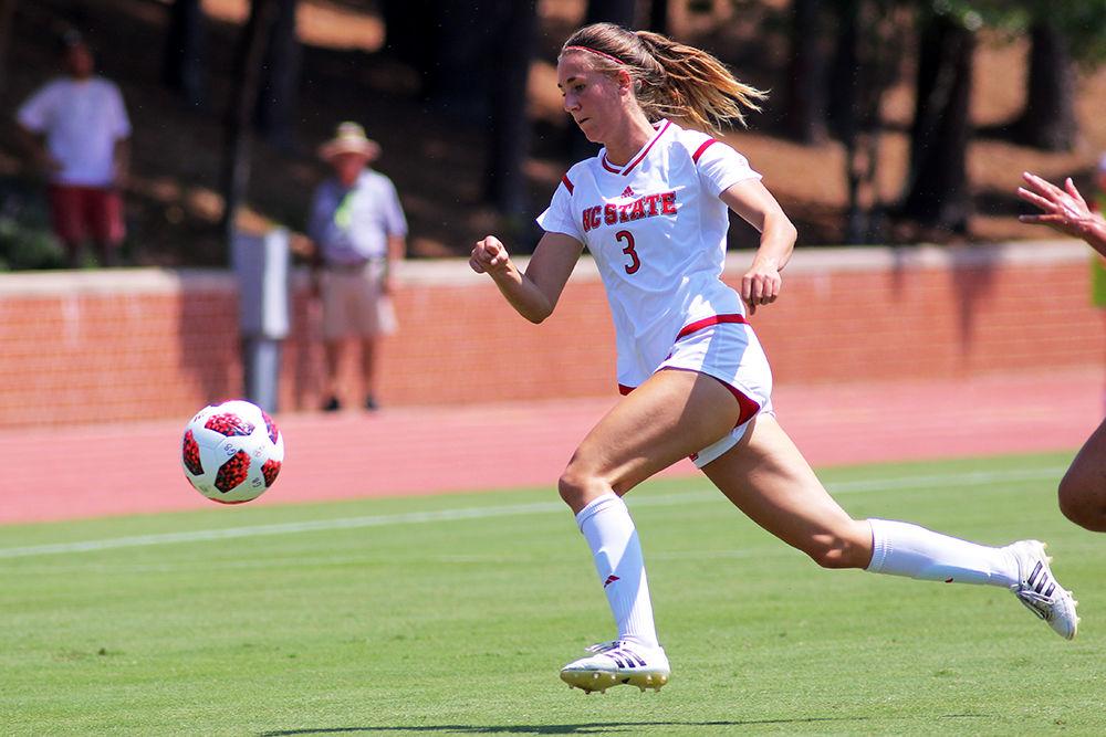 Junior defender Krissi Schuster chases down a long pass. Schuster had two shots with one on target in the 2-1 win over No. 10 South Carolina on Sunday, August 26 in Dail Soccer Stadium.