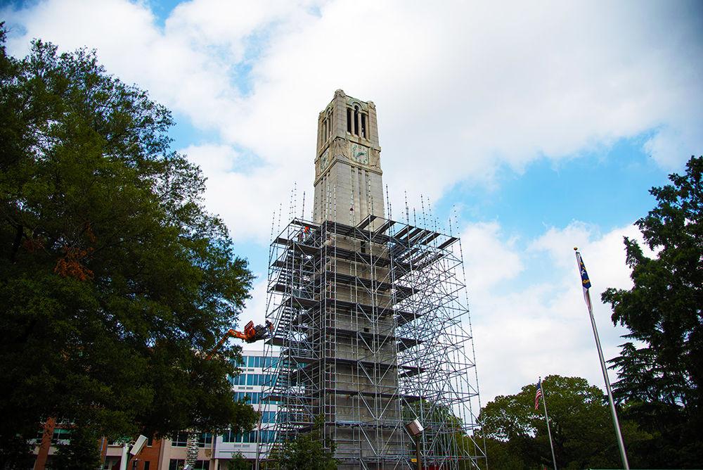North Carolina State University&#8217;s Memorial Belltower under construction on September 9, 2019. The construction on the Belltower began 2 weeks ago and is scheduled to wrap up right before the Belltower&#8217;s 100 year anniversary in 2021.