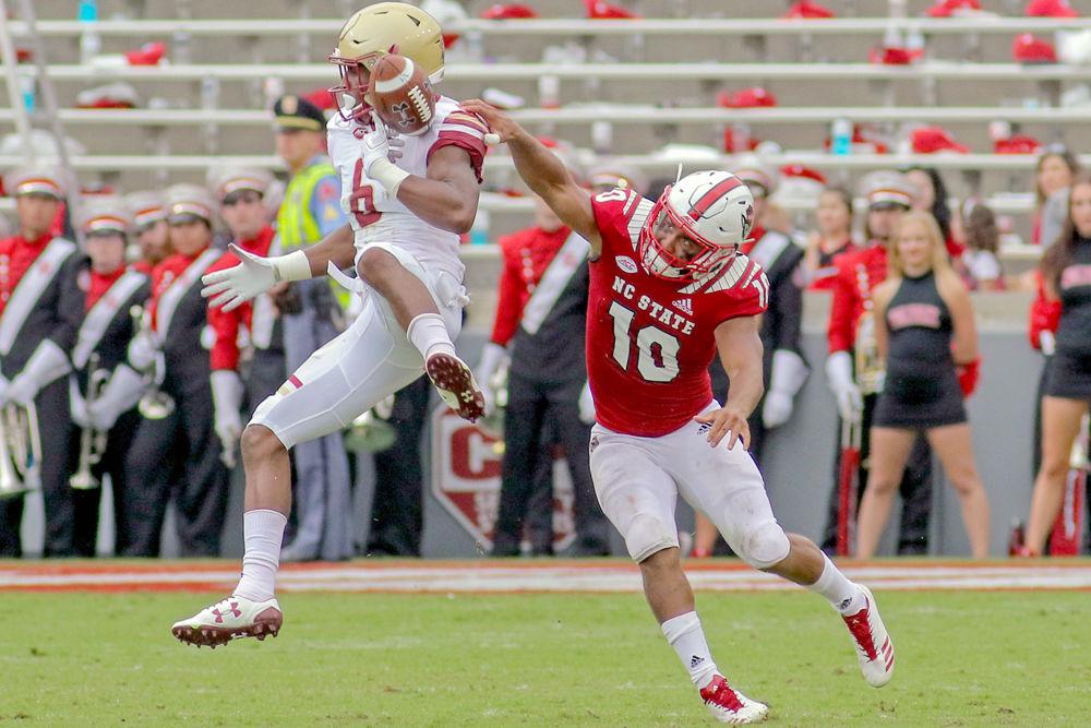 Freshman nickelback Tanner Ingle covers Boston College wide receiver Jeff Smith on Saturday, Oct. 6, 2018 in Carter-Finley Stadium. The Wolfpack beat Boston College 28-23.