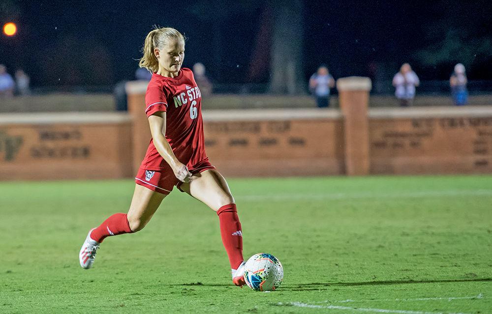 Redshirt sophomore defender Lulu Guttenberger taking a free kick during the match versus Wake Forest on Sunday September 29, 2019 at W. Dennie Spry Stadium. Guttenberger ended the match with one shot on goal and Wake Forest and NC State tied 1-1.