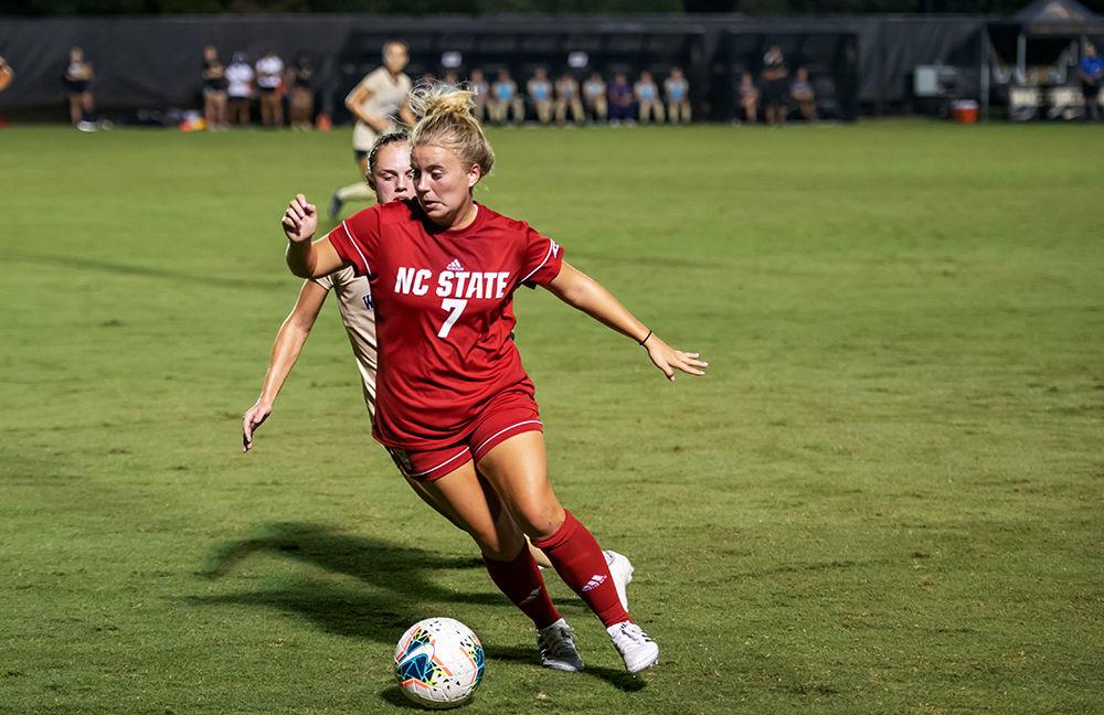 Senior midfielder Ricci Walking moving the ball upfield versus Wake Forest in their match on Sunday, Sept. 29, 2019 at W. Dennie Spry Stadium. Walking finished the match with one assist, contributing to the eventual 1-1 tie versus Wake Forest.