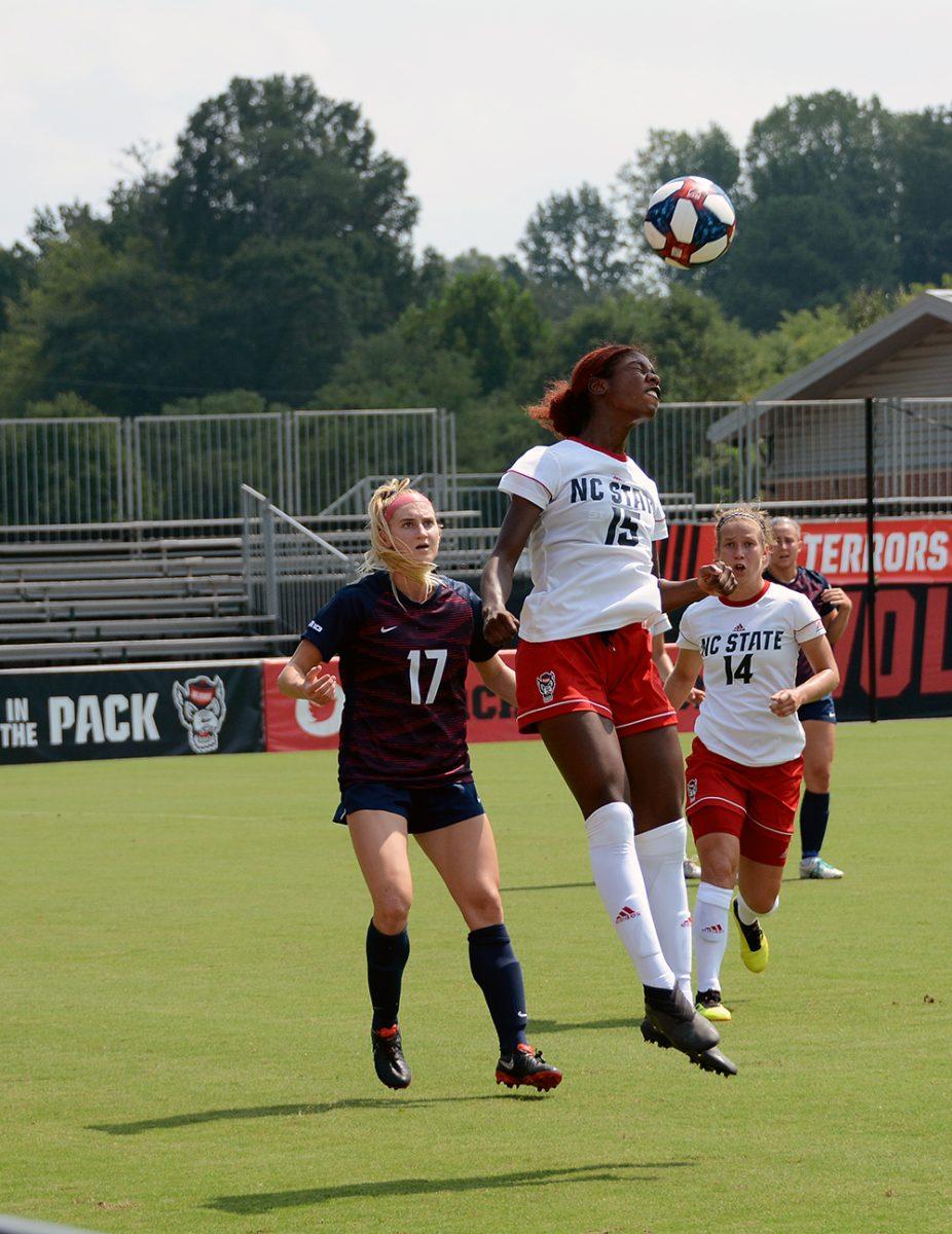 Freshman forward Jameese Joseph heads the ball during the NC State women&#8217;s soccer match against Duquesne at Dail Soccer Stadium on Sunday, Sep. 8, 2019. NC State beat Duquesne 3-0.
