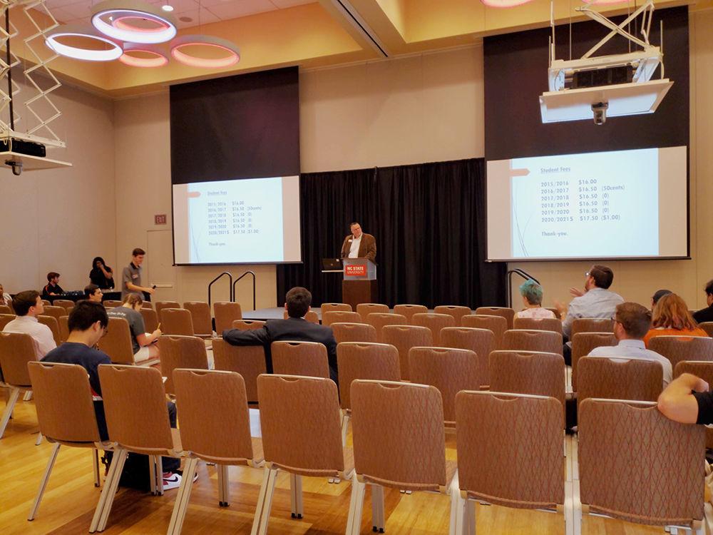 Barry Olson, Associate Vice Chancellor of the Division of Academic and Student Affairs speaks at a town hall about increases to student fees for the 2020-2021 school year.