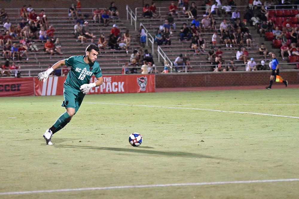 Senior keeper Vincent Durand kicks the ball up the field during the game versus Loyola on Friday, August 30, 2019 at Dail Soccer Field. Durand allowed one goal after multiple attacks during a corner kick. NC State beat Loyola 2-1.