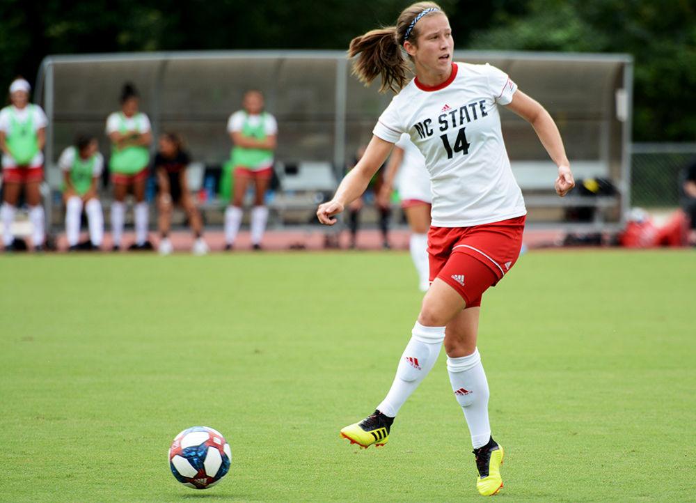 Sophomore midfielder Toni Starova kicks the ball downfield to her teammate on Sunday, September 15 against Furman. The Pack won 3-1 against the Paladins.