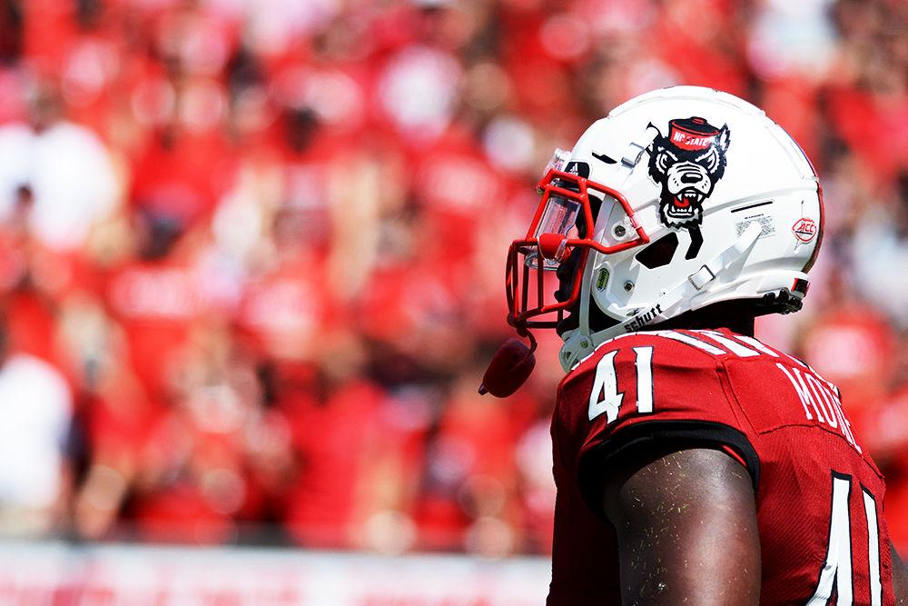 Redshirt sophomore linebacker Isaiah Moore waits for a play to be called against ECU on Saturday, August 31, 2019 in Carter-Finley Stadium. Moore had four sacks and one tackle in the 34-6 win over the Pirates.