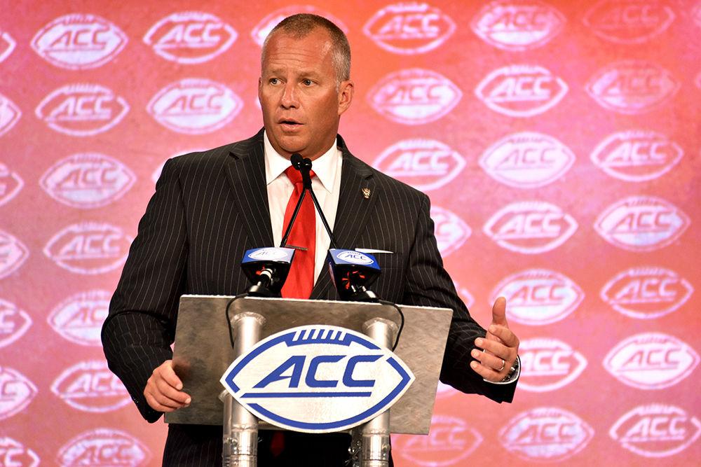 Head coach Dave Doeren speaks to the media at the ACC Kickoff in Charlotte on Wednesday, July 17, 2019. Doeren spoke about the upcoming football season and deciding who would be starting for the Pack.