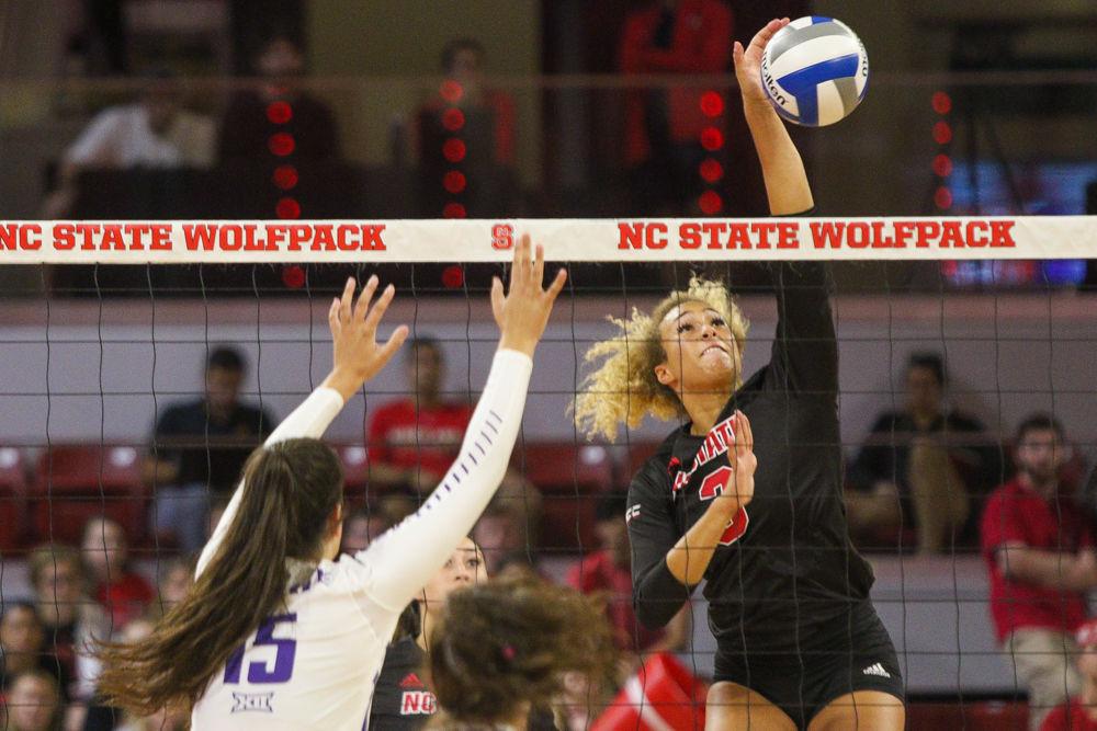 Junior opposite hitter Melissa Evans goes for the kill during the 3-1 victory over Kansas State on Friday, Aug. 30, 2019 in Reynolds Coliseum.