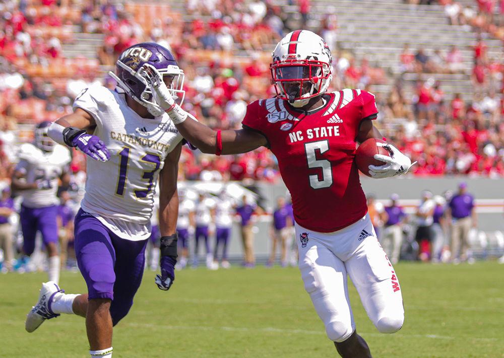 Graduate wide receiver Tabari Hines runs during the game versus WCU on Saturday, Sept. 7, 2019, at Carter-Finley Stadium. Hines had three receptions with 36 receiving yards. The Wolfpack beat WCU 41-0.