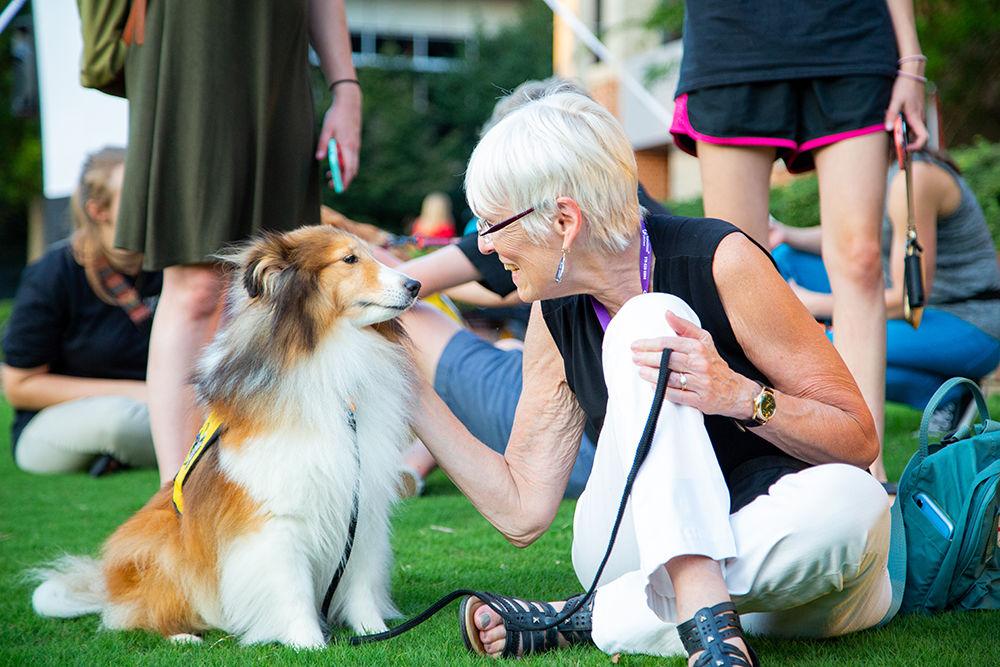 Lida Thoma and her service dog, a sheltie named Cary Grant, share a smile at the Suicide Prevention Vigil on Tuesday, Sep. 10, 2019 at Harris Field. Service dogs come in many shapes and sizes to help their owners cope with many mental health issues.