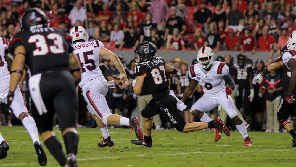 Redshirt sophmore wide receiver Thayer Thomas runs during a punt return that ended with a touchdown on Saturday, Sep. 21, 2019 at Carter-Finley Stadium. Thomas had four receptions and 51 recieving yards.