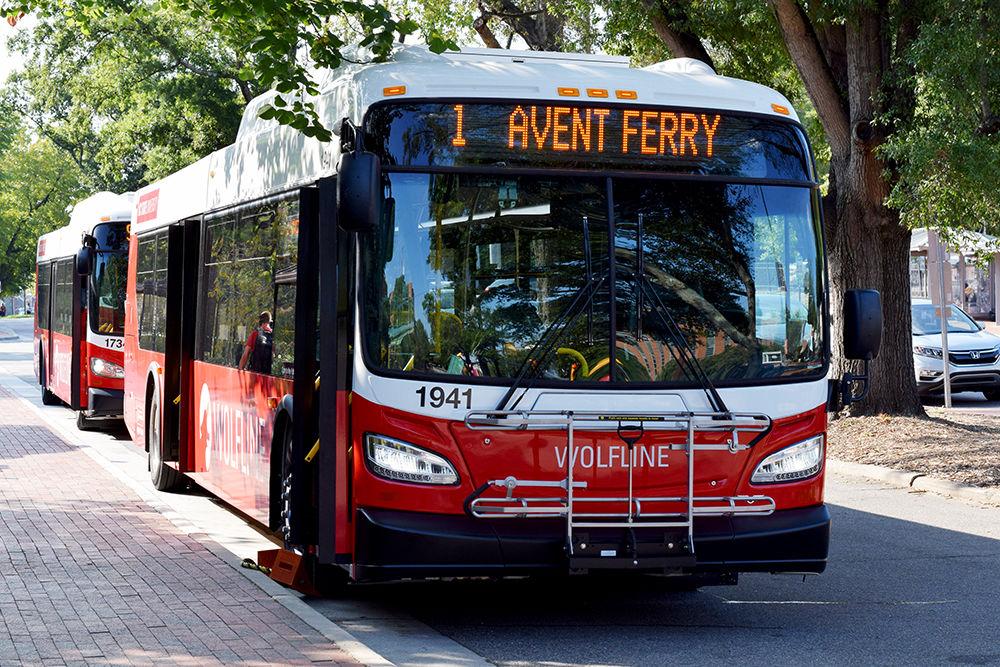 A Wolfline bus is seen on Hillsborough Street on Wednesday, September 25, 2019. Wolfline is an NC State University campus transit service which is also fare-free to the general public.