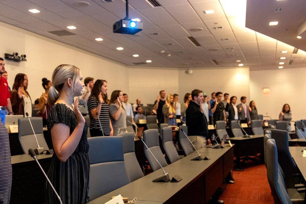 Newly elected student senators for the 99th session take the oath of office in Talley Student Union on Wednesday, April 10, 2019. Student Senate meetings take place on a bi-weekly basis in room 4140.