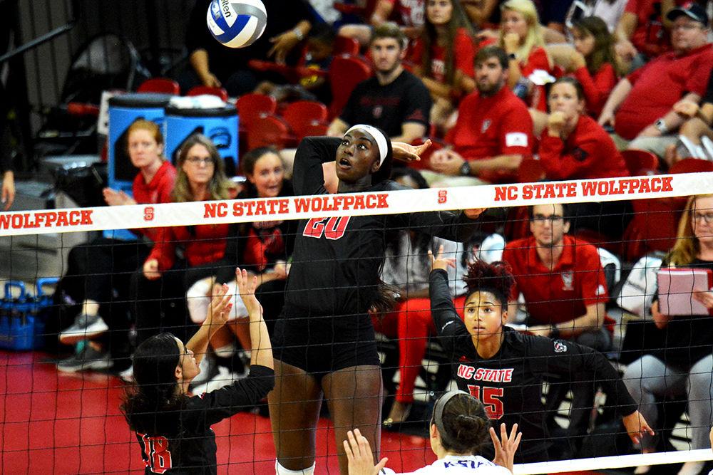 Senior middle blocker Lauryn Terry is in pursuit for the kill against Kansas State in Reynolds Coliseum on Aug. 30th, 2019. The Wolfpack beat the Wildcats 3-1.