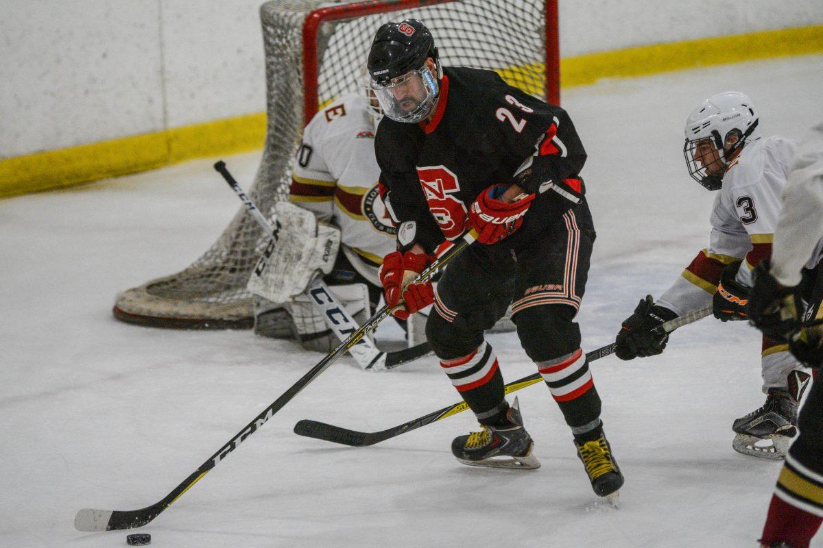 Laythe Jadallah, a fourth year studying entrepreneurship, looks to score against the Elon defense on Friday, Oct. 25, 2019 in the Raleigh Iceplex. The Icepack beat Elon 6-1, making their record 6-3 this season.