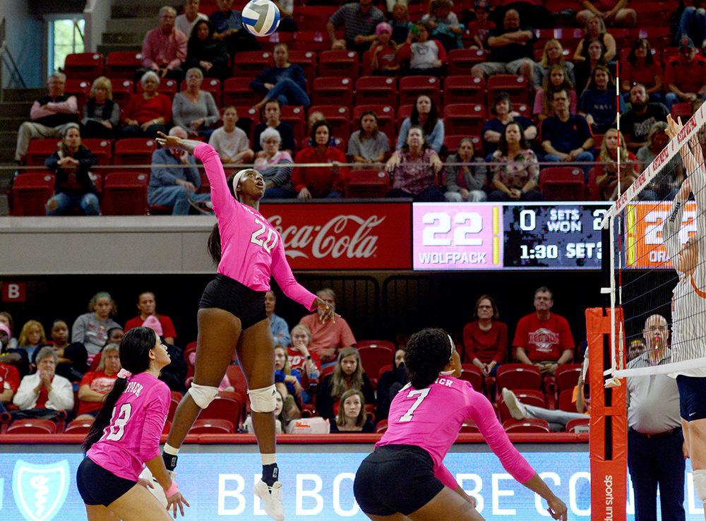 Senior middle blocker, Lauryn Terry kills the ball in Reynolds Coliseum on October 27. Terry had ten kills and one dig in the Wolfpack&#8217;s 3-0 loss to Syracuse.