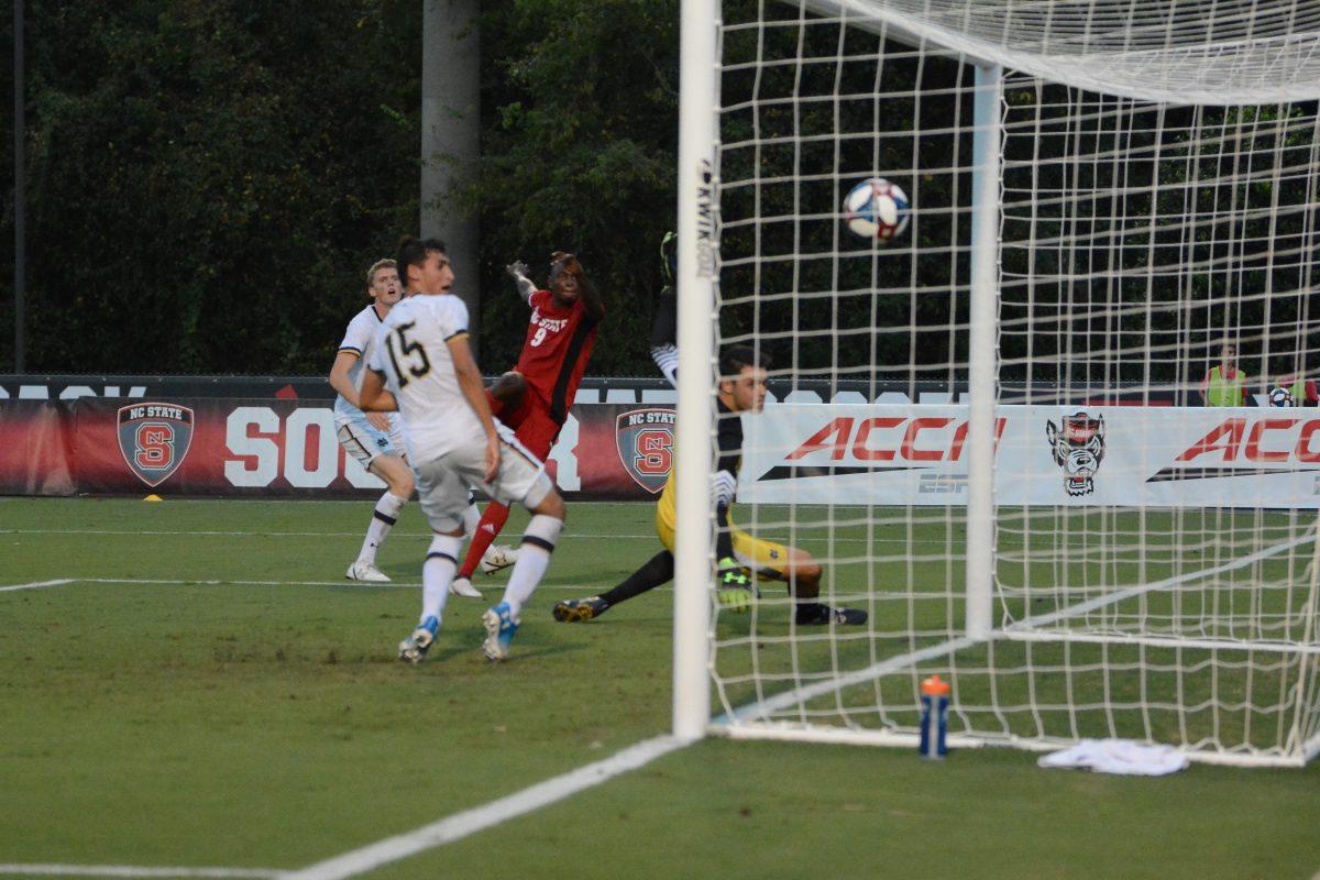 Sophomore forward Kuda Muskwe scores a goal against Notre Dame on Friday, Oct. 4, 2019 at Dail Soccer Stadium. NC State beat Notre Dame 2-0.