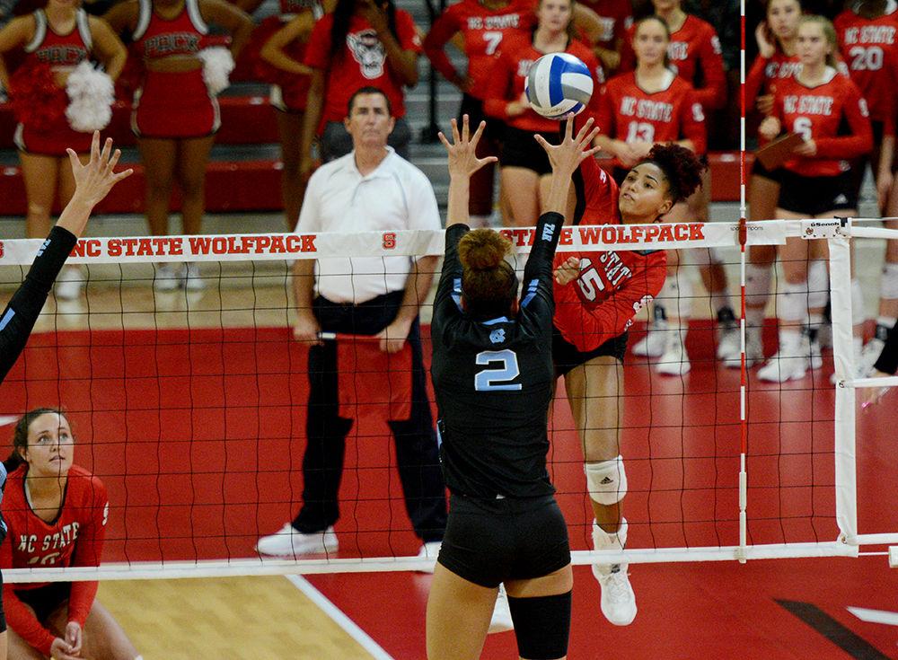 Sophomore outside hitter, Jade Parchment spikes the ball against UNC on Oct. 2, 2019 in Reynolds Coliseum. Parchment played in five sets and had 14 kills, one ace and ten digs in the 2-3 loss to UNC.