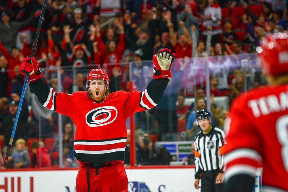 Carolina Hurricanes defenseman Dougie Hamilton celebrates his goal in the third period to tie the game versus the Tampa Bay Lightning on Sunday, Oct. 6, 2019 in PNC Arena. Hamilton also had one assist against Tampa Bay. The Canes beat the Lightning 4-3 during overtime.