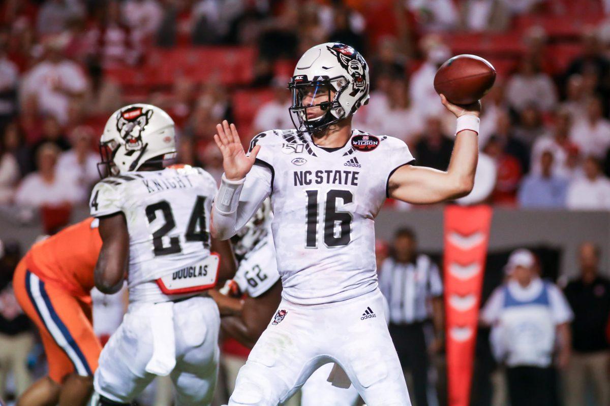 NC State redshirt sophomore quarterback Bailey Hockman throws a pass. NC State hosted the Syracuse Orange on Thursday, October 10, 2019. NC State won the game 16-10. Hockman threw for 205 yards in the win.