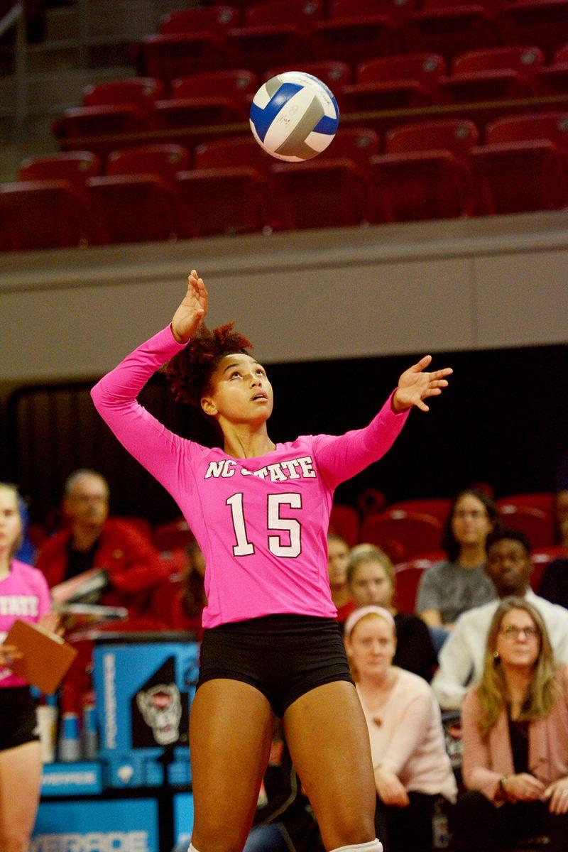 Sophomore opposite hitter, Jade Parchment serves the ball in Reynolds Coliseum on October 27. Parchment had 15 kills, one ace and nine digs in the Wolfpack&#8217;s 3-0 loss to Syracuse.