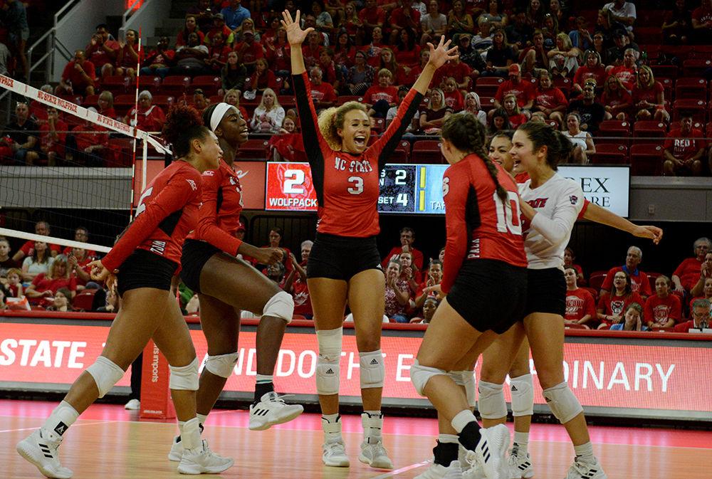 Junior opposite hitter, Melissa Evans celebrates after a kill against UNC on Oct. 2, 2019 in Reynolds Coliseum. Evans played in five sets and had 15 kills, one assist, and five digs in the 2-3 loss to UNC.
