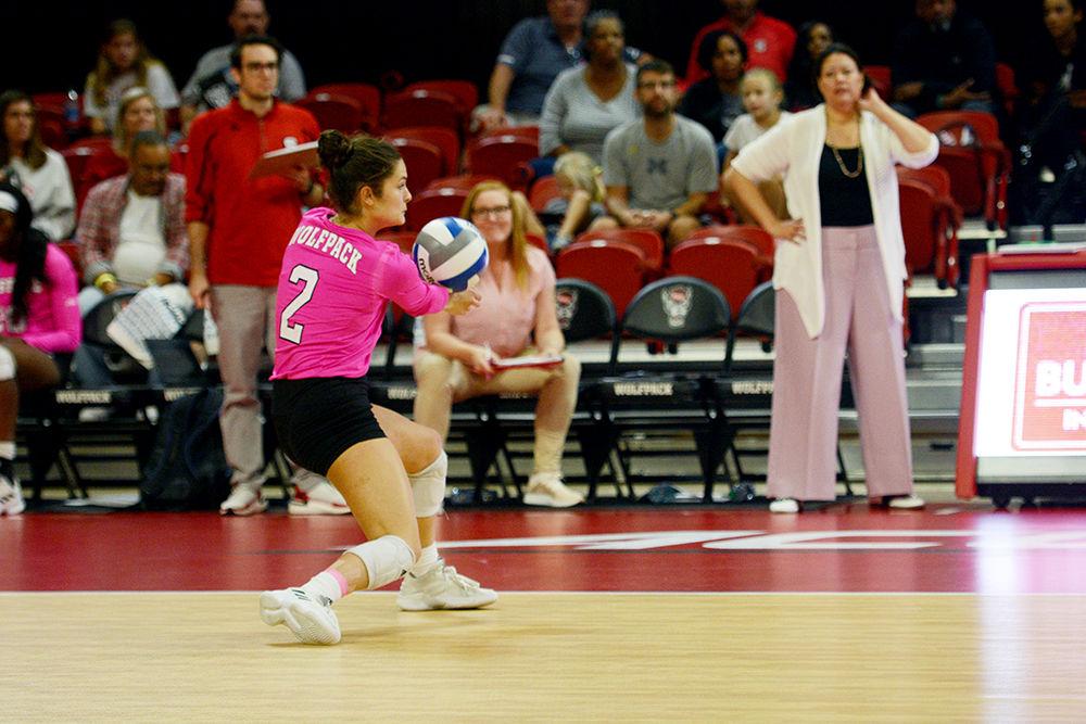 Senior defensive specialist and libero, Grace Irvin digs the ball in Reynolds Coliseum on October 27. Irvin had two assists, one ace, and 13 digs in the Wolfpack&#8217;s 3-0 loss to Syracuse.