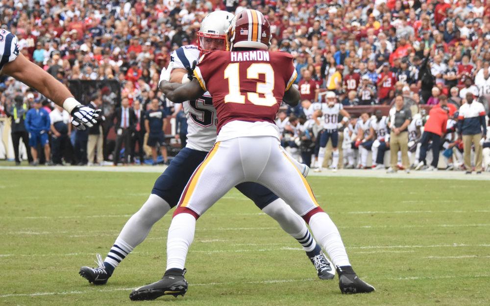 Washington football team receiver Kelvin Harmon blocks for a runner during the team's game against the Patriots on October 6, 2019. The Patriots won the game, 33-7.