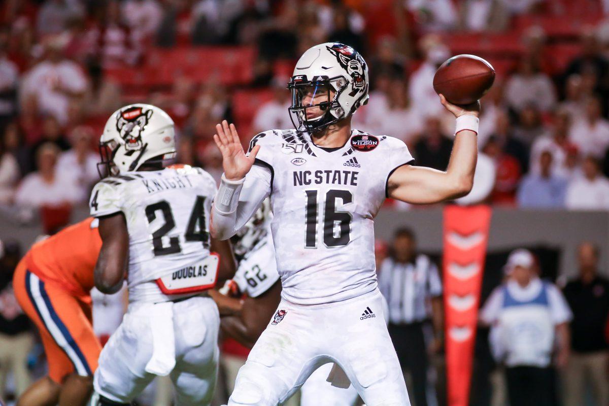 NC State redshirt sophomore quarterback Bailey Hockman throws a pass. NC State hosted the Syracuse Orange on Thursday, October 10, 2019. NC State won the game 16-10. Hockman threw for 205 yards in the win.