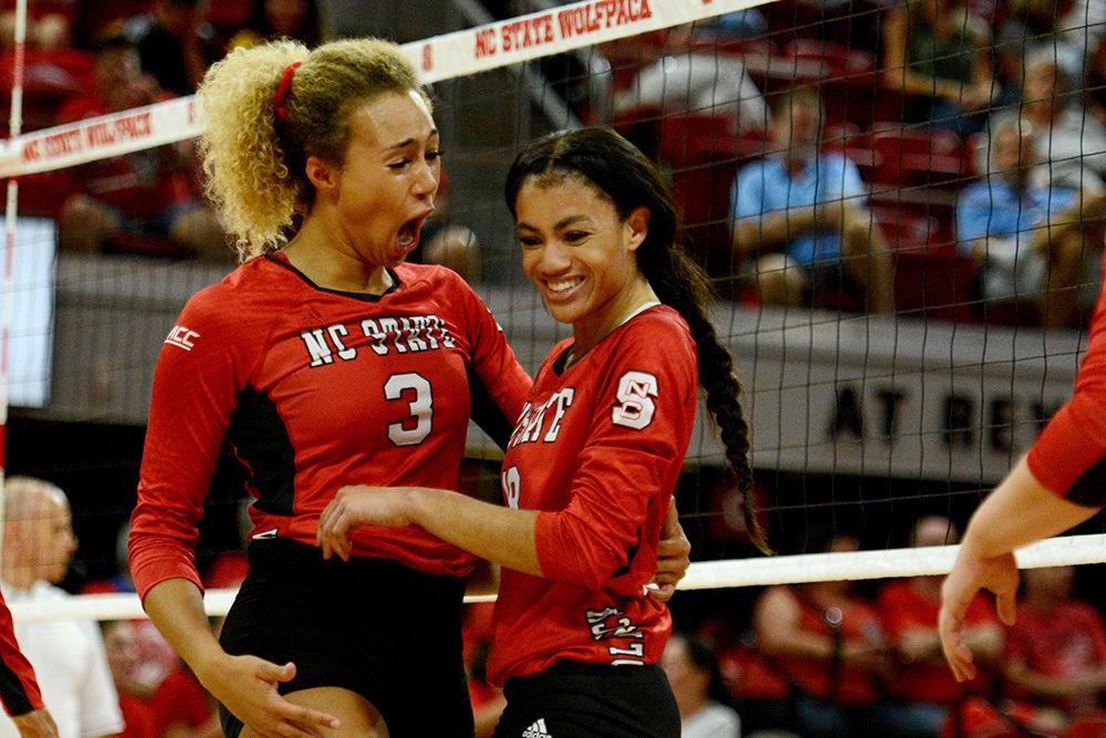 Teammate, Melissa Evans congratulates redshirt freshman setter, Nina Sharpton on her kill against UNC on Oct. 2, 2019 in Reynolds Coliseum. Sharpton played in five sets and had one kill, 50 assists, and 11 digs in the 2-3 loss to UNC.