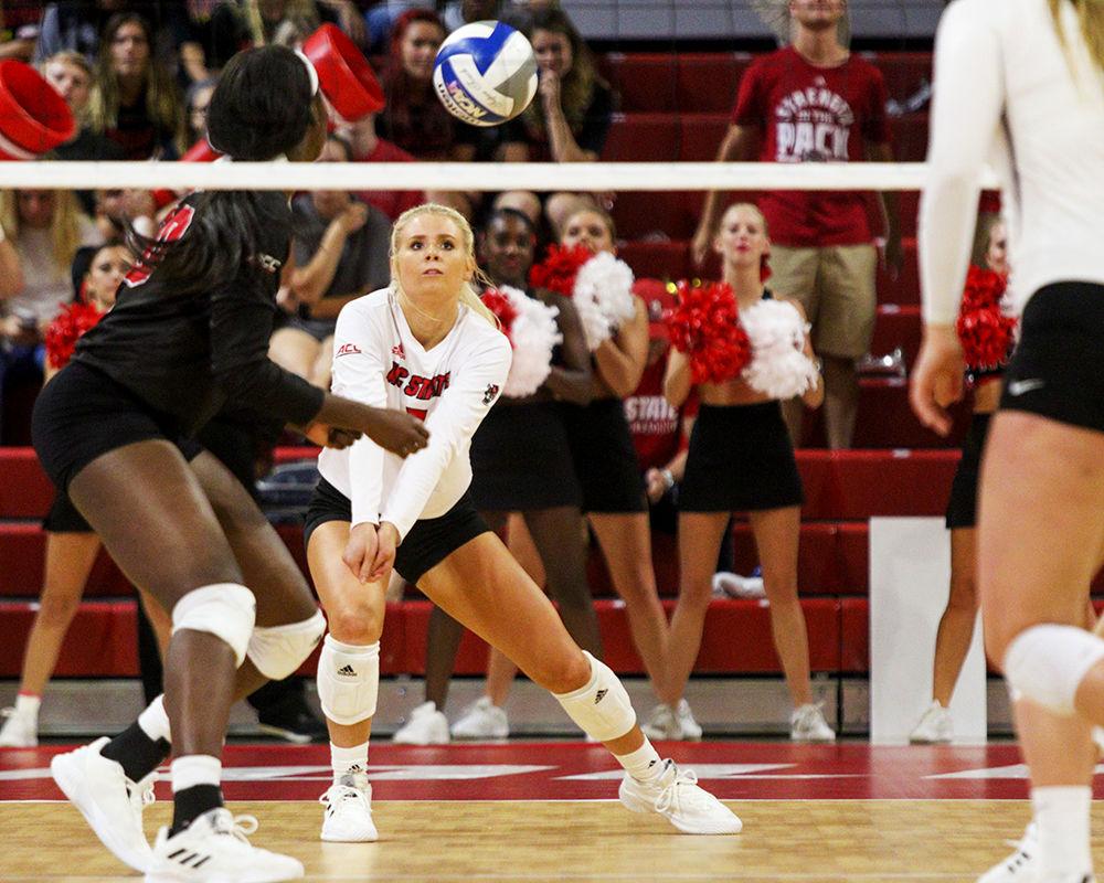 Redshirt sophomore setter Kaylee Frazier prepares to receive the serve during the 3-1 victory over Kansas State on Friday, Aug. 30, 2019 in Reynolds Coliseum.