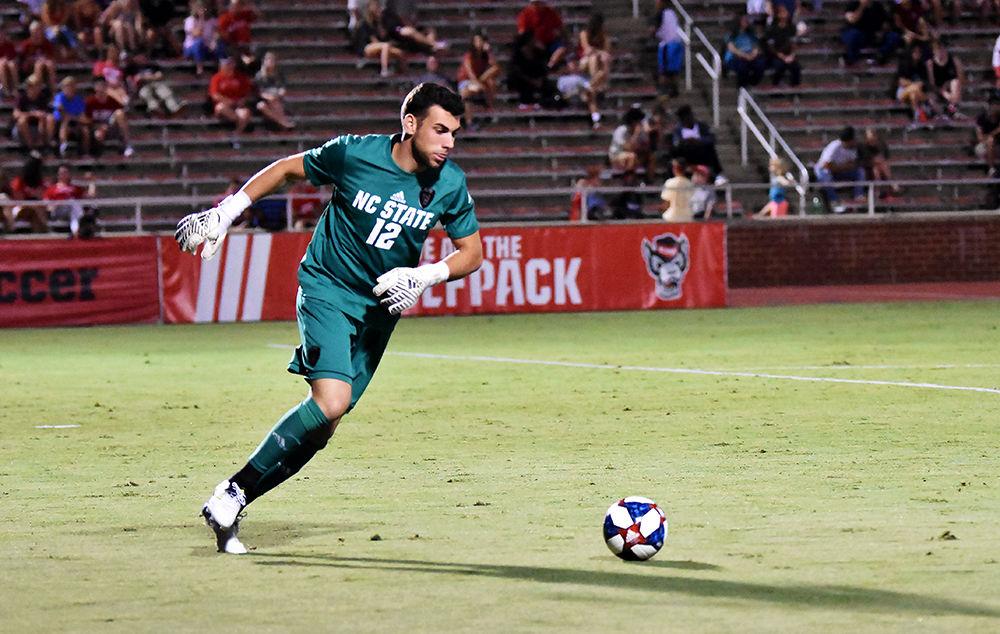 Senior keeper Vincent Durand kicks the ball up the field during the game versus Loyola on Friday, August 30, 2019 in Dail Soccer Park. Durand allowed one goal after multiple attacks during a corner kick. NC State beat Loyola 2-1.