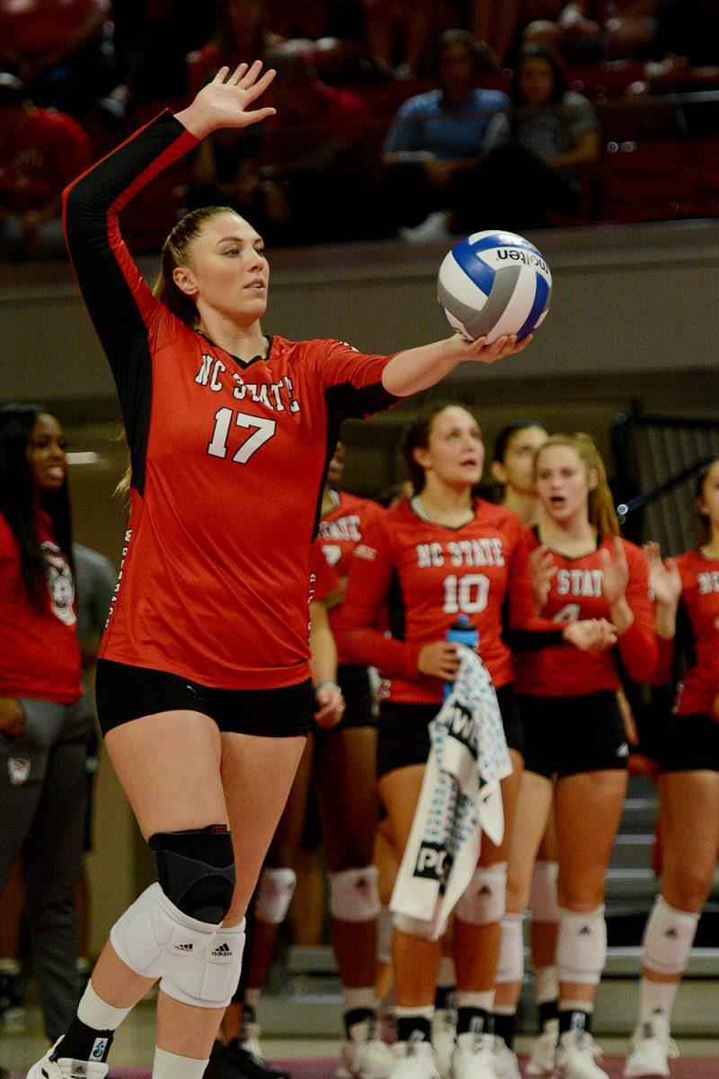 Redshirt junior middle blocker and right side, Jessica Kemp serves the ball against UNC on Oct. 2, 2019 in Reynolds Coliseum. Kemp played in five sets and had 14 kills and one block in the 2-3 loss to UNC.