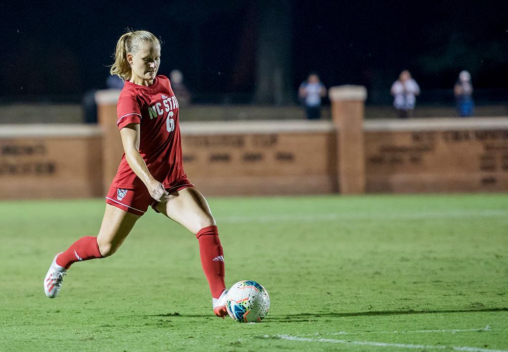 Redshirt sophomore defender Lulu Guttenberger taking a free kick during the match versus Wake Forest on Sunday, Sept. 29, 2019 at W. Dennie Spry Stadium. Guttenberger ended the match with one shot on goal and Wake Forest and NC State tied 1-1.