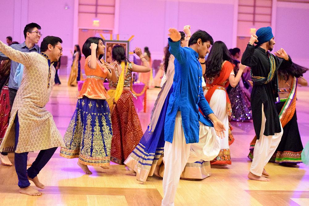 Students dance as part of Garba celebrations in the Talley Ballroom on Saturday evening, October 19, 2019. Garba is dance form with origins in the state of Gujarat in India performed centrally around a picture of Goddess Shakti.