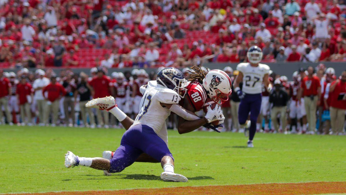 Redshirt freshman wide receiver Devin Carter receives during the game versus WCU on Saturday, Sept. 7, 2019 at Carter-Finley Stadium. Carter received for 21 yards, where the Wolfpack won 41-0.
