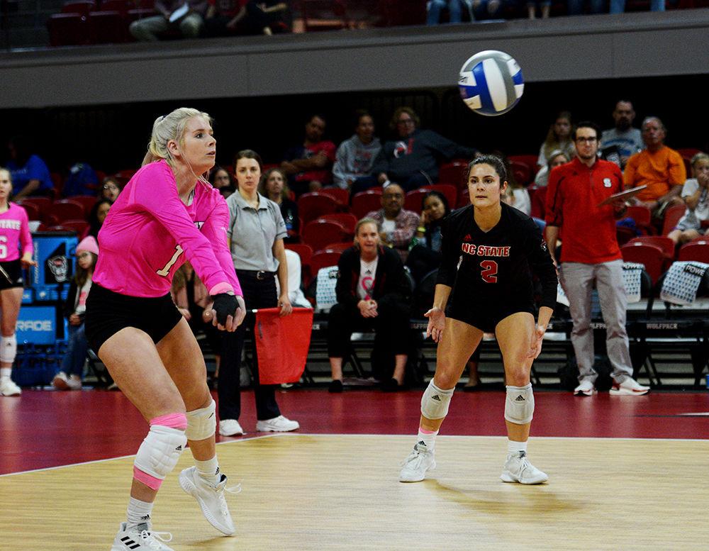 Redshirt sophomore defensive specialist and libero, Kaylee Frazier digs the ball in Reynolds Coliseum on October 27. Frazier had one assist, and ten digs in the Wolfpack&#8217;s 3-0 loss to Syracuse.