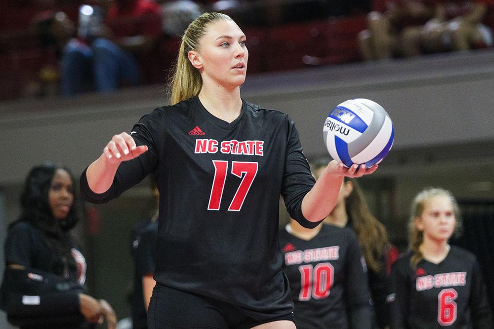 Redshirt junior middle blocker Jessica Kemp prepares to serve the ball during the 3-1 victory over Kansas State on Friday, Aug. 30, 2019 in Reynolds Coliseum.
