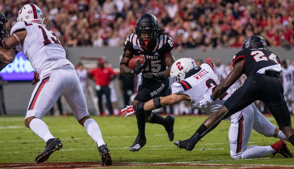 Freshman wide receiver Keyon Lesane runs during the game versus Ball State on Saturday, Sep. 21, 2019 at Carter-Finley Stadium. Lesane had two receptions and 18 receiving yards during the game the Wolfpack won 34-23.