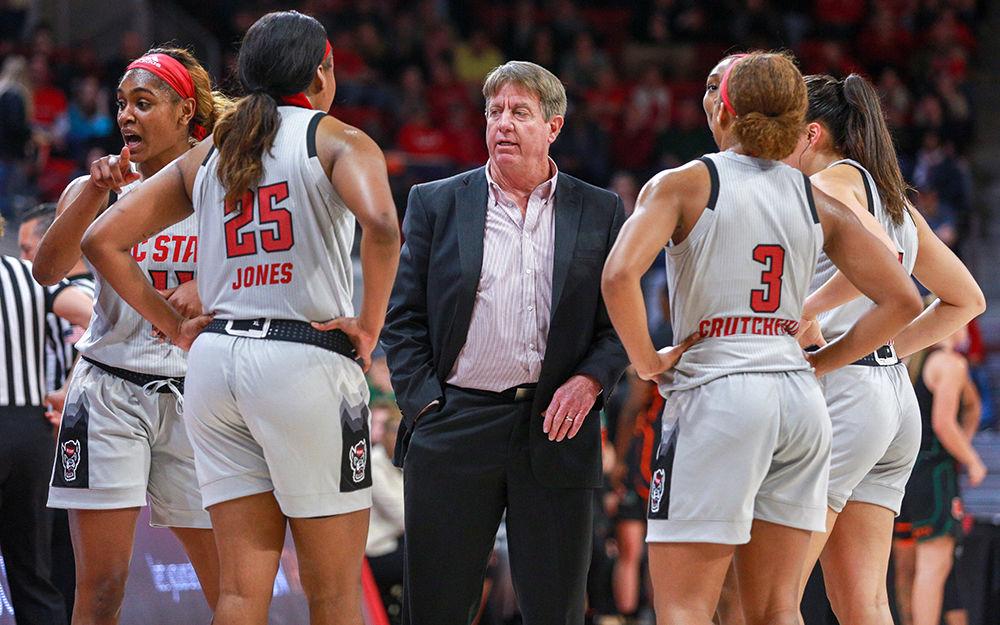 Head coach Wes Moore talks to his team during a timeout. The Wolfpack won a 70-68 thriller over No. 15 Miami on Sunday, March 3 in Reynolds Coliseum.