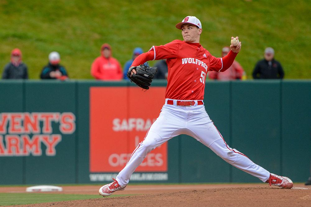 Sophomore pitcher Canaan Silver pitches towards home plate in the game versus Bucknell on Saturday, Feb. 16, in Doak Field at Dail Park. The Wolfpack beat the Bison 14-2.