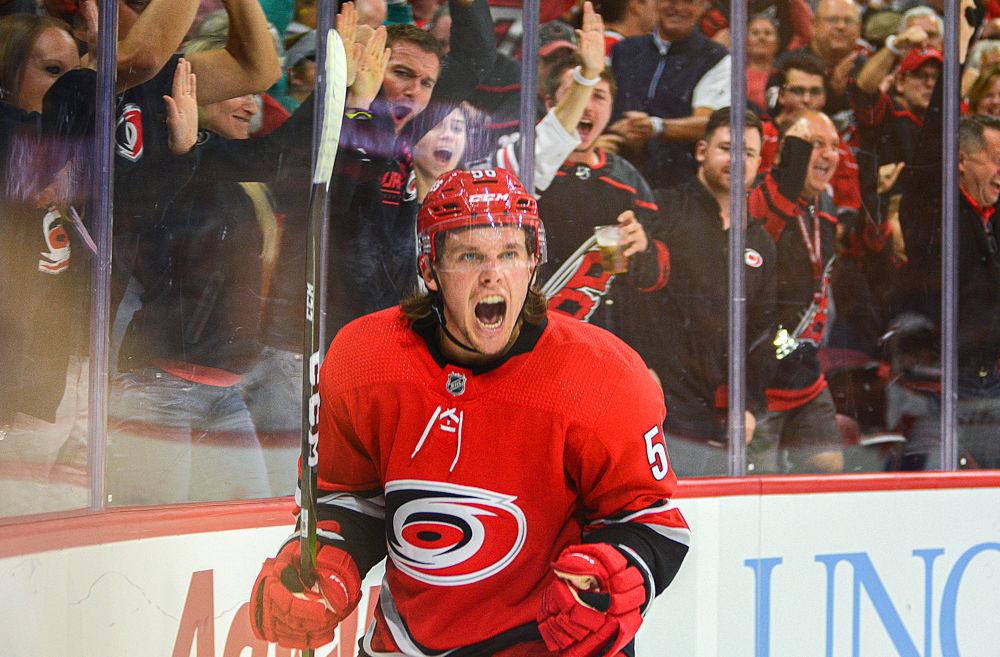Hurricanes left wing Erik Haula celebrates scoring to tie the game in 3-3 the third period against the Montreal Canadiens on Thursday, Oct. 3, 2019 at PNC Arena. Haula scored one goal on five shots on goal as the Hurricanes won 4-3 in a shootout.