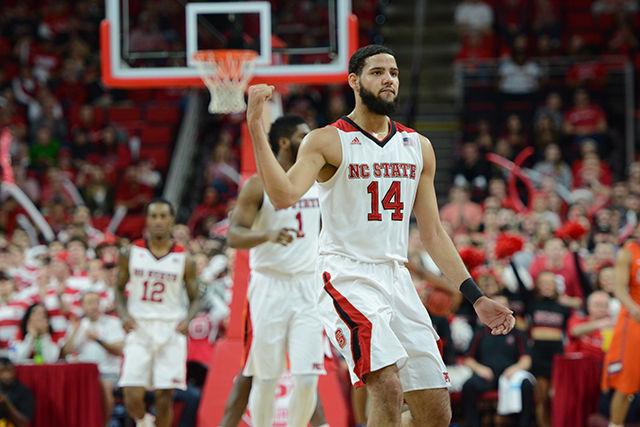 Caleb Martin, a guard and sophomore studying social work, reacts to the previous play against Clemson in PNC Arena on Saturday, February 20, 2016. Martin had 1 steal, 6 rebounds, and a 60% field goal percentage over 32 minutes of gameplay. Martin scored 16 points during the game, leading to a Wolfpack victory over Clemson, 77-74.