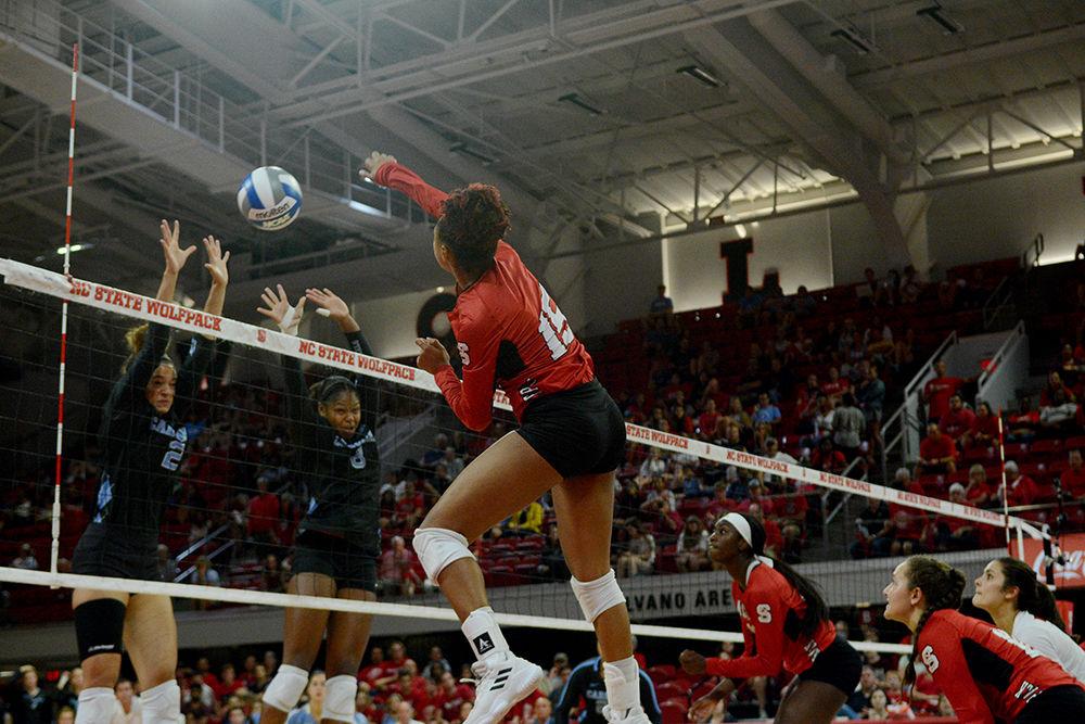 Sophomore outside hitter, Jade Parchment spikes the ball against UNC on Oct. 2, 2019 in Reynolds Coliseum. Parchment played in five sets and had 14 kills, one ace and ten digs in the 2-3 loss to UNC.