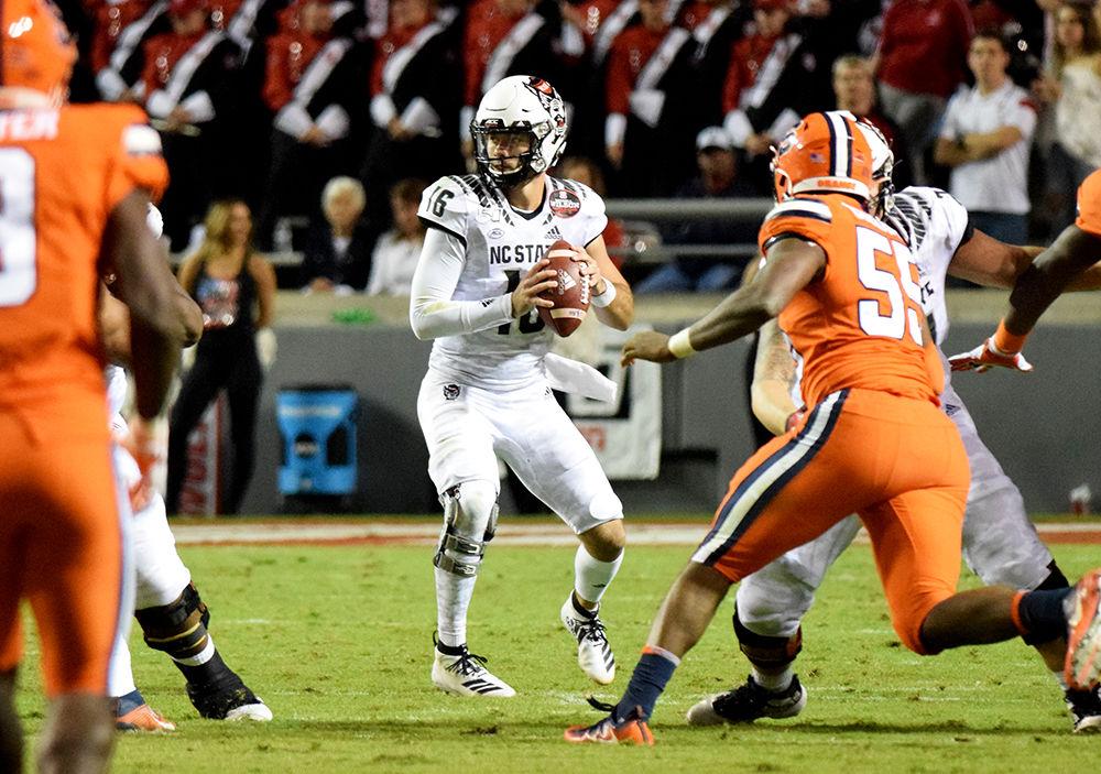 Redshirt sophomore Bailey Hockman prepares to throw the ball against Syracuse on Thursday, Oct. 10, 2019 in Carter-Finley Stadium. Hockman passed for 205 yards in the 16-10 win over the Orange.