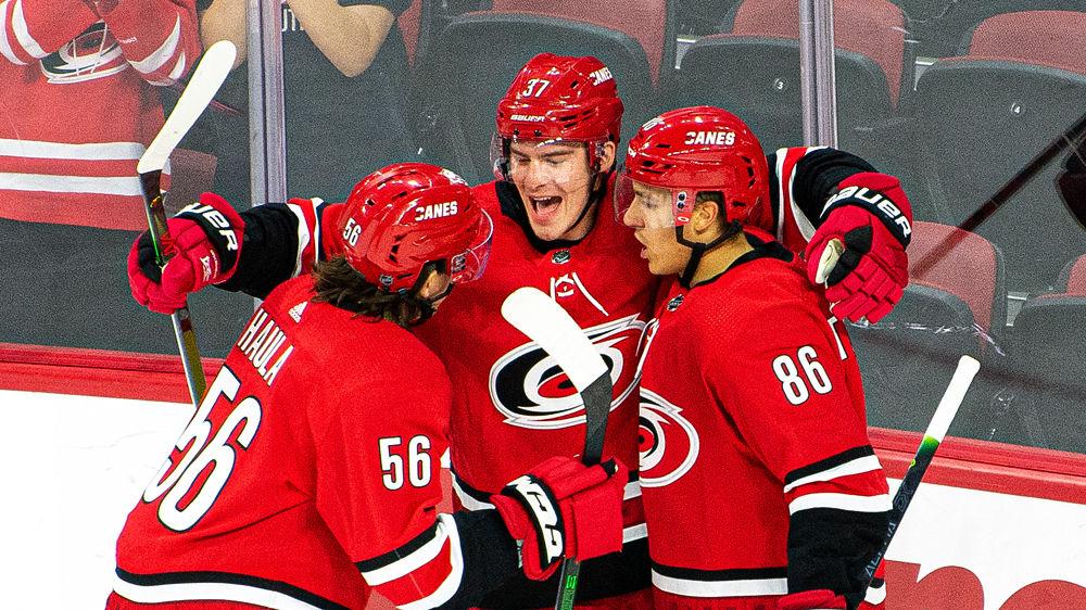 Hurricanes right wing Andrei Svechnikov celebrates his goal against the Chicago Blackhawks on Saturday, Oct. 26 at PNC Arena. Svechnikov scored two goals as the Hurricanes won 4-0.