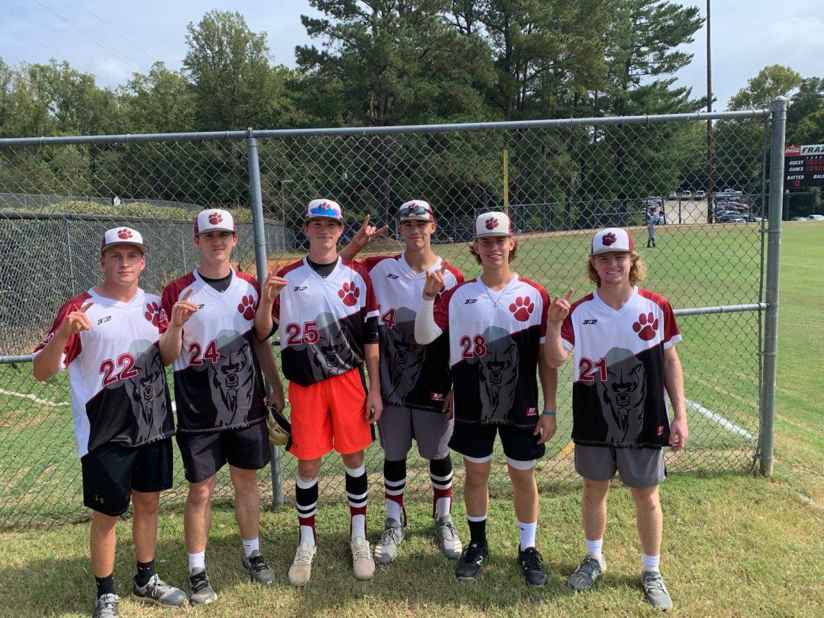 Six South Charlotte Panthers showcase players committed to play baseball at NC State pose after their 4-2 win over the Richmond Braves on Sunday, Oct. 6, 2019 at Louisburg College.&#160; (From left to right: Cameron Arnold, Carson Kelley, Brandon Hudson, Jacob Cozart, Graham Smiley and Matt Heavner)
