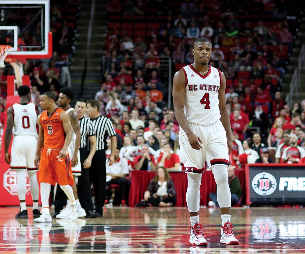Freshman guard Dennis Smith Jr. walks away from an altercation on Jan. 4, 2017 at PNC Arena. The Wolfpack dominated Virginia Tech on all sides of the ball with a 104-78 victory, the Pack's first ACC win over 100 points since 1991.